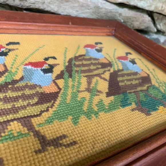 VTG Quail Needlepoint 70s Framed Columbia Minerva Framed Birds Boho Embroidery - Picture 6 of 12